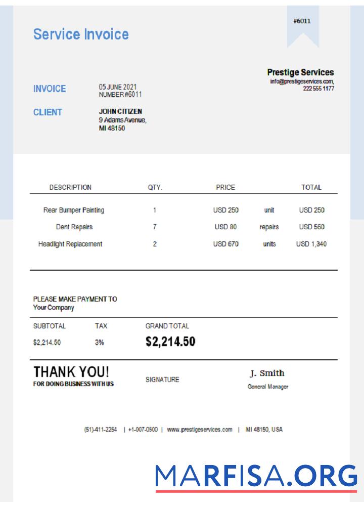 Realistic USA Prestige Services invoice real example
